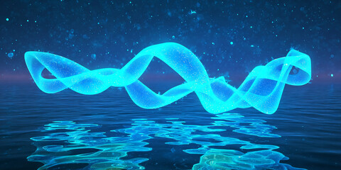 Fluid glowing shapes morphing over shimmering ocean light