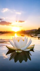 White lotus flower on water at sunset