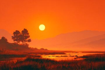 Fototapeta premium Warm-toned landscape with fog and orange sunrise
