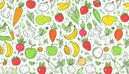 Colorful, hand-drawn pattern of various fresh produce