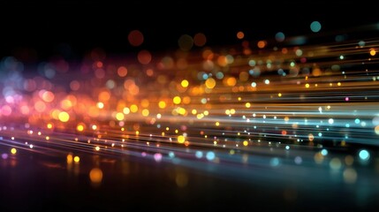 Abstract colorful bokeh lights flowing over dark background with light trails creating a vibrant and festive atmosphere