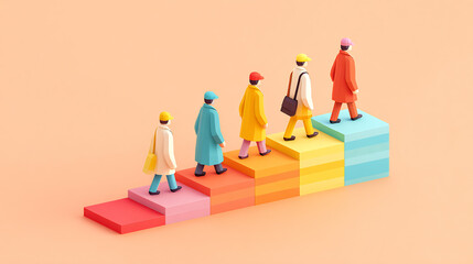 People walking side by side on pastel steps journey concept