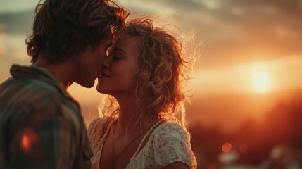 Couple sharing a tender kiss with a beautiful sunset in the background, creating a romantic and intimate atmosphere