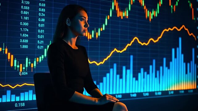 Professional businesswoman analyzing dynamic financial market data charts and stock trends on a futuristic digital display - Powered by Adobe