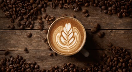 A cup of coffee with latte art on a wooden background