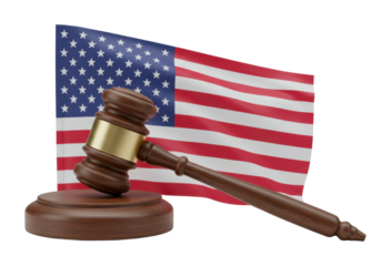 Legal proceedings in the united states gavel symbolizing justice against american flag. Cut out PNG