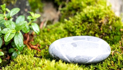 Smooth Grey Stone Resting Peacefully on Vibrant Green Moss in a Serene Natural Setting