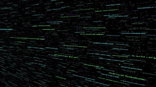 Dynamic forwardmoving rows of stylized data possibly text or code in shades of blue green and purple set against a black backdrop