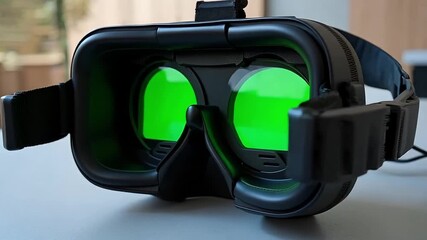 Immersive virtual reality headset with vibrant green screen displays, ready for futuristic digital experiences and gaming adventures. - Powered by Adobe