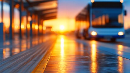 Tourist bus in modern city in the night, evening light, during golden hour, sunlight reflecting on sleek bus surface