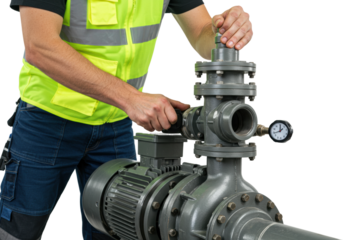 Maintenance action by technician on industrial pump factory setting capture engineering concept. Cut out PNG