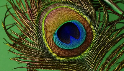 Obraz premium Stunning close-up of an iridescent peacock feather, highlighting its intricate patterns and vibrant colors.