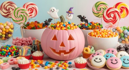 Obraz premium Cute and Colorful Halloween Candy Buffet with Jack-o'-lantern for children's party invitations, festive advertisements, holiday banners, and social media content for the Halloween season