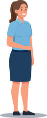 Standing woman in blue shirt and navy skirt vector illustration portrait style 