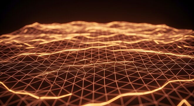 Abstract 3D wireframe landscape with an orange glowing effect, evoking a sense of digital data and futuristic technology. The scene is captivating.