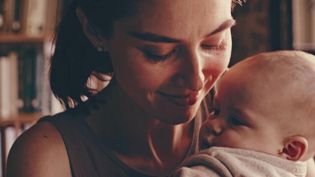 Warm, intimate video scene of a mother and baby in close-up, eye-level angle, capturing tender emotions and soft lighting for a cozy atmosphere.