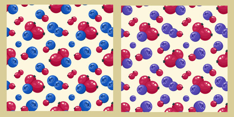 Berry Seamless pattern. Fresh Berries background. Bunch of red currants and blueberry. Whole Ripe fruits on white background. Vector illustration for food industry, fabric, packaging, nature product