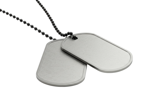 Military dog tags display studio setting product minimalist environment identity concept. Cut out PNG