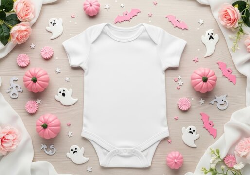 Blank Baby onesie Mockup. festive flat lay mockup of blank white baby bodysuit with copy space for logo, text, or graphic for showcasing custom designs for Halloween or autumn - Powered by Adobe