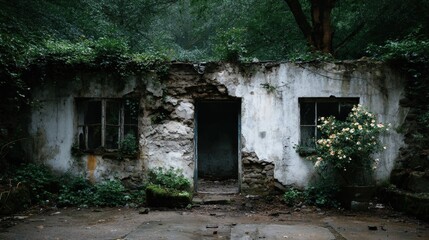 Fototapeta premium Crumbling walls and broken windows of an abandoned house in a mysterious forest, depicting urban decay and the power of nature reclaiming its territory