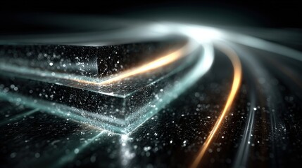 Glowing orange and blue light trails flowing over a glass surface with particles, creating a futuristic and technological abstract background