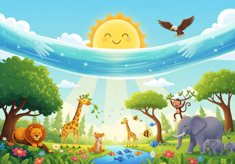 A creative cartoon-style illustration showing a happy sun shining gently through a healthy ozone layer