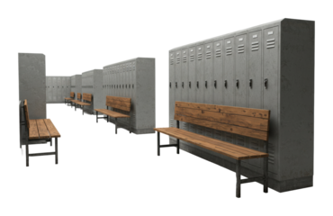 Locker room setup sports facility interior clean environment perspective functional space. Cut out PNG