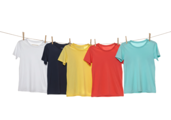Vibrant t-shirts hanging outdoors urban setting product bright and clean environment casual viewpoint. Cut out PNG