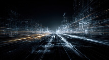 Abstract digital city lights traveling at high speed through futuristic highway, information technology and big data concept