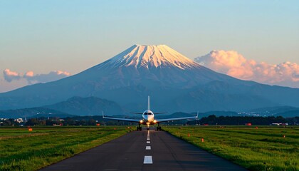 Airplane taxiing near majestic mountain