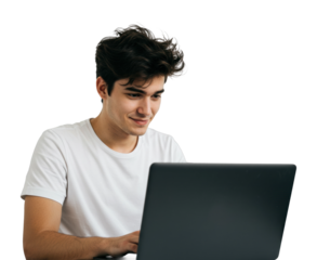 Young man working on laptop home office digital content modern environment engaged viewpoint. Cut out PNG