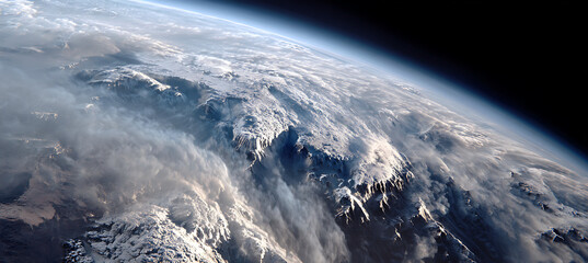 Fototapeta premium Earth from space view of mountains and clouds atmosphere scenic wallpaper background high resolution image