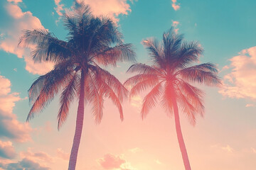 Obraz premium Two Palm Trees Silhouetted Against a Pastel Sunset Sky with Soft Clouds