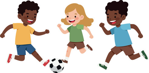 Children playing soccer outdoors with black and white ball running happily together 