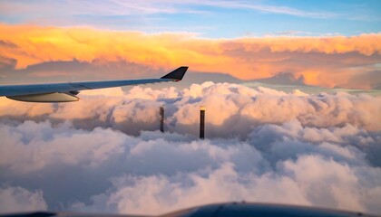 Airplane wing over clouds at sunset