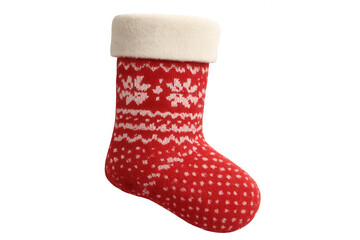 Red and white christmas stocking isolated on transparent background, perfect for holiday projects