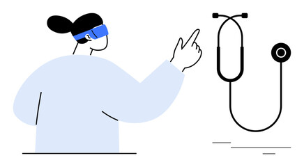 Person wearing VR headset pointing while engaging with virtual stethoscope. Ideal for medical innovation, virtual learning, healthcare, futuristic technology, telemedicine, diagnostics, training