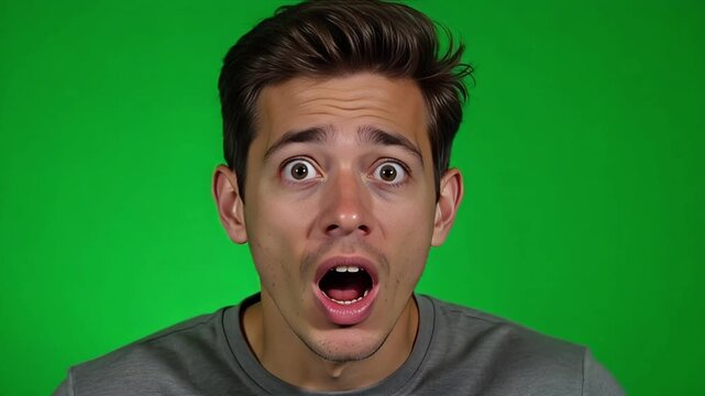 Young man's shocked face expressing surprise and disbelief in a dynamic green screen studio setting, perfect for adding custom backgrounds.