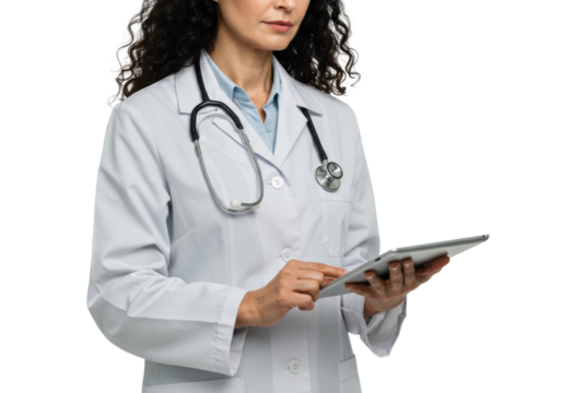 Medical professional using tablet in clinical setting healthcare environment innovative technology viewpoint. Cut out PNG