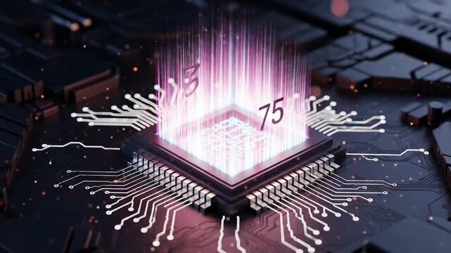 Microchip emitting pink beams of light with numbers 3 and 75 hovering above surrounded by a circuit board