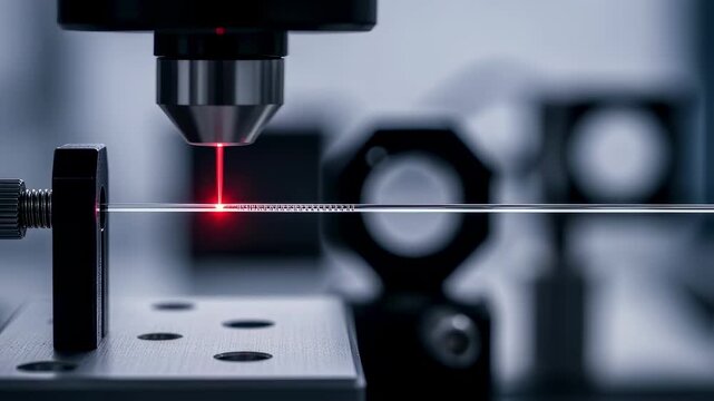 Side view of a fiber Bragggrating inscription process showing an infrared laser writing periodic patterns onto a glass optical fiber under fine adjustment.