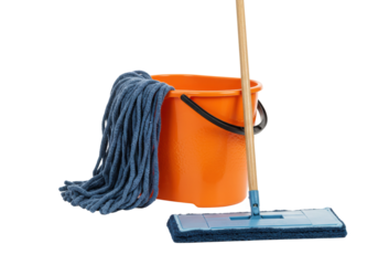 Cleaning supplies in action mop and bucket setup for gleaming floors indoor still life home environment. Cut out PNG