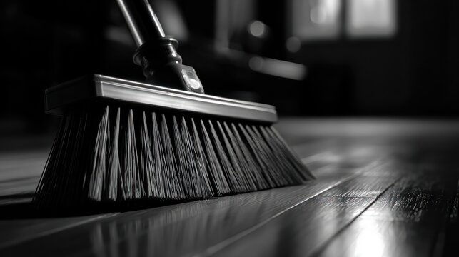 Broom's black bristles lie on shiny floor