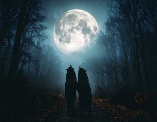 Two wolves in a misty forest at night under a full moon