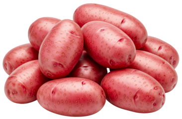 Fresh, smooth-skinned red potatoes piled casually on a transparent background as a PNG file