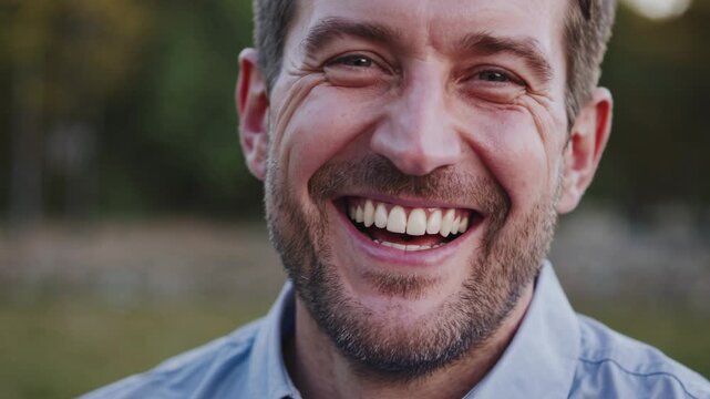 Close-up video frame of a smiling man outdoors, captured at eye level. Natural lighting highlights his features against a blurred green background.