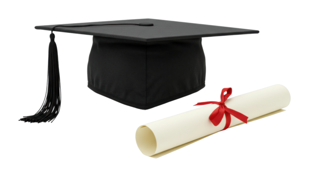 Graduation ceremony celebration school of cap and diploma studio inspirational theme. Cut out PNG