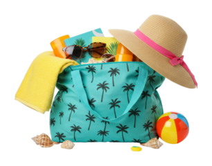 Beach essentials colorful summer tote bag with accessories beach product bright overhead vacation vibes. Cut out PNG