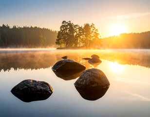 Sunrise over tranquil lake with rocks