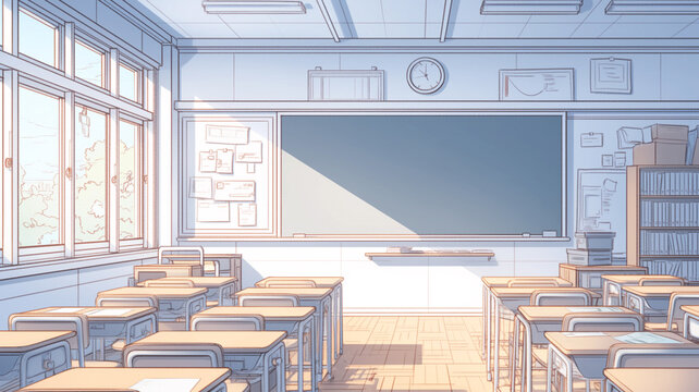 日本の学校の教室を描いた無人の風景イラスト。黒板、机、椅子が整列し、学びの場を象徴する落ち着いた空間。教育、勉強、学習資料、学校生活をイメージする用途に適し、教材や背景素材など幅広く使える抽象的なデザイン。
